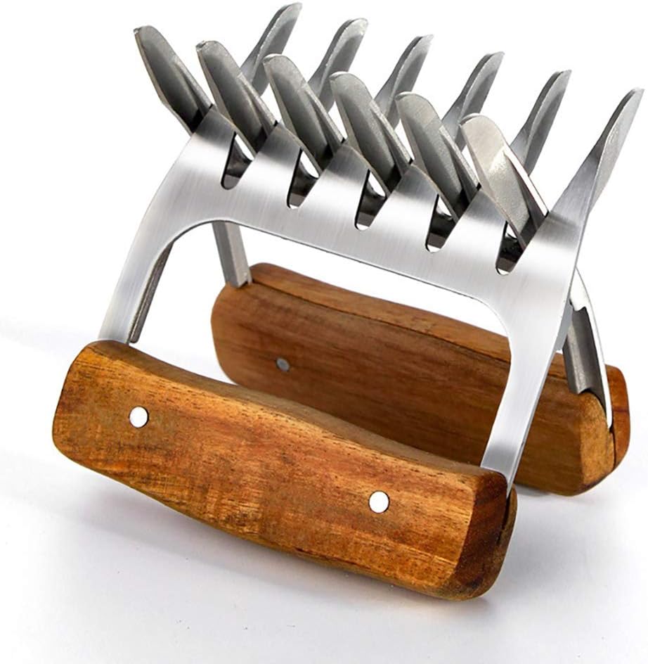 TSHG 2-Piece Stainless Steel Barbecue Minced Meat Claw, Wooden Handle Barbecue Meat Processor Fork, Used for Chopping, Hand Carving Food