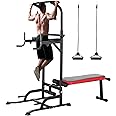 Arlopu Power Tower with Bench, Pull Up Bar Stand, Dip Bar w/Folding Bench 4 Ropes Strength Training, Multi-Function Fitness Equipment for Home Gym, Adjustable Heights and Angles Dip Station, 400LBS