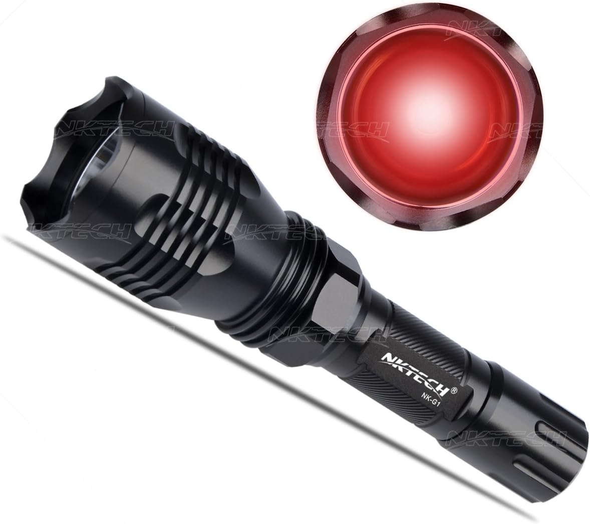 NKTECH NK-G1 Tactical Q5 LED White/Red/Green/Blue Light 18650 Flashlight 250 Yard Long Range Hunting Hiking Outdoor Torch Head Lamp (Red-Light (Flashlight Only))