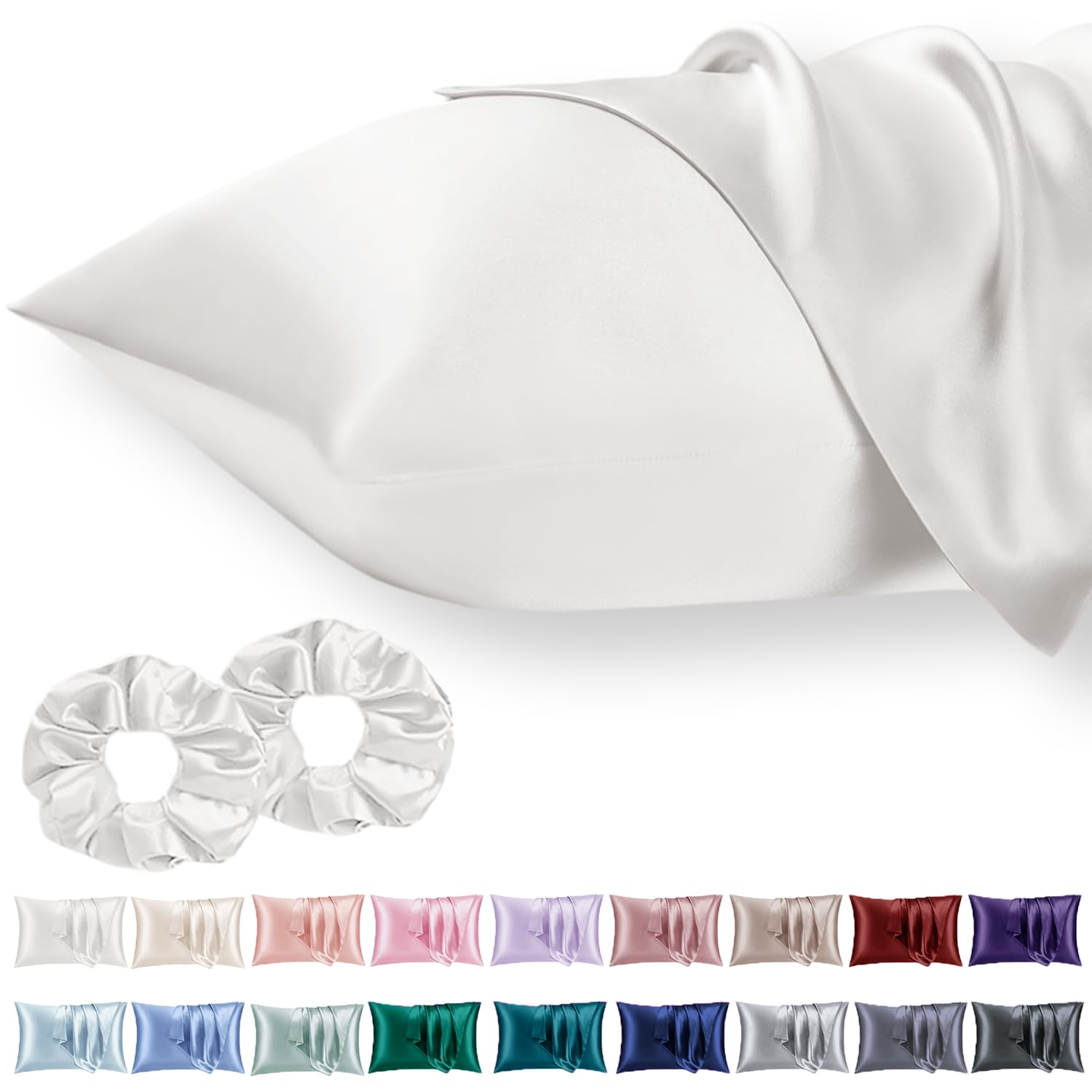 Vielit 2 Pack Satin Pillowcase for Hair and Skin Cooling,Soft as Silk Pillowcase for Hair and Skin,Easier Care than Silk Pillow Case White Ivory 50x75cm Gifts for Women Envelope & 2 Scrunchies