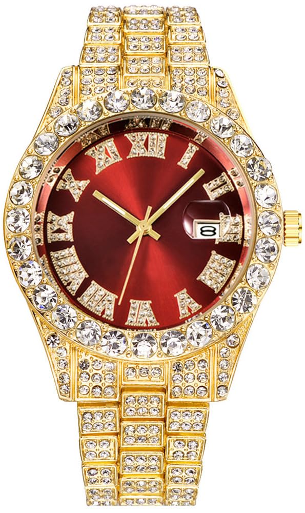 HUNRUY Hip Hop Watches for Men Iced-Out Bling Diamond Luxury Quartz Watches with Date, 42mm Gold red, Fashion