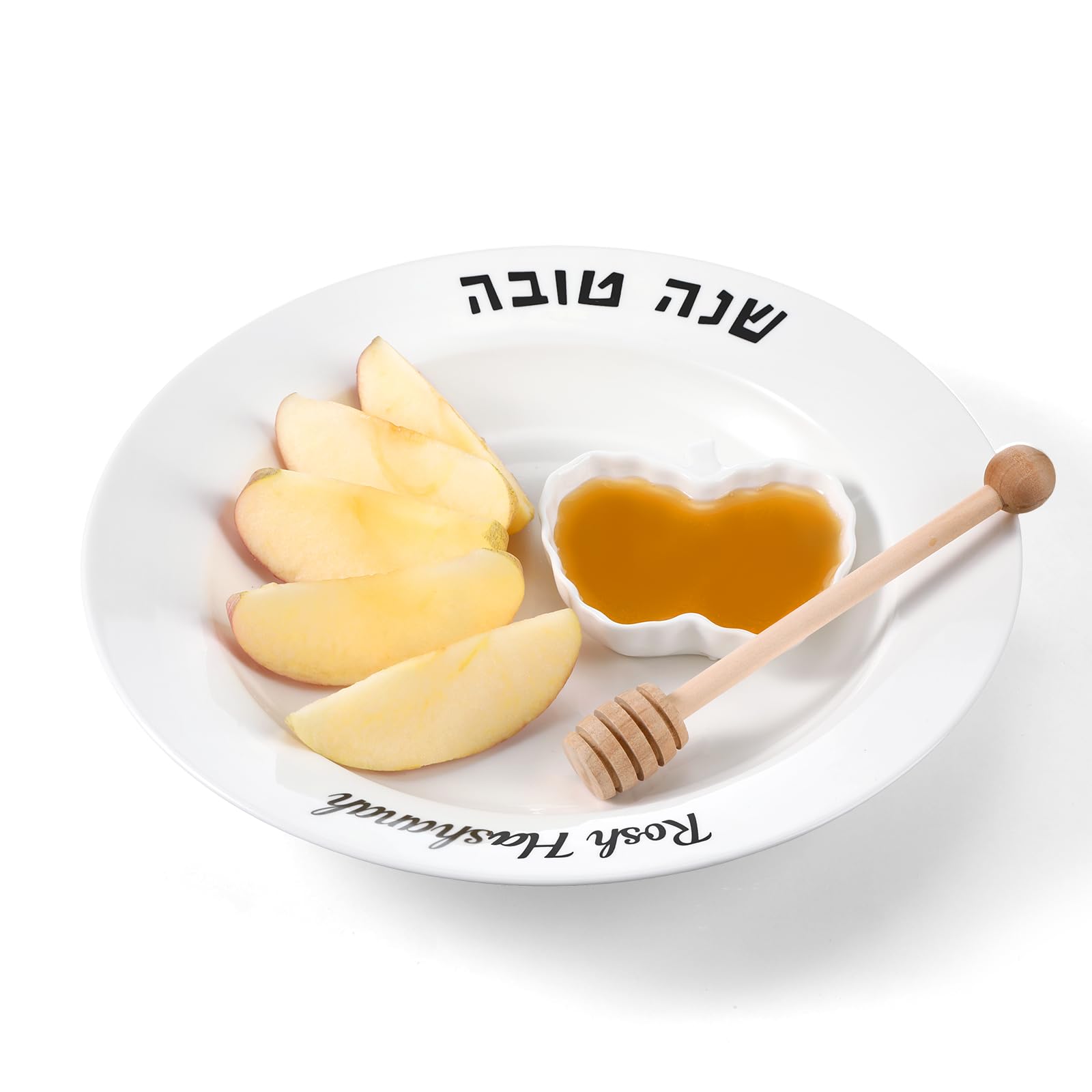 Photo 1 of Teenyyou 10 Inch Rosh Hashanah Apple and Honey Plate and Dish Jewish New Year Hostess Party Favors Ceramic Apple Plate Wooden Honey Dipper Rosh Hashanah Holiday Gift Shana Tova Table Decorations