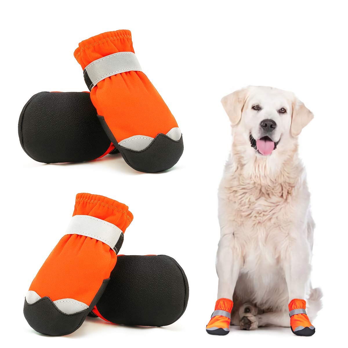 Dog Shoes Protective for Large Medium Pet Dog Socks 4PCS Anti-Slip Dog Boots Sole Paw Protector with Reflective Straps Wear-resistant Dogs Booties Sports Walking Outdoor Orange 4#