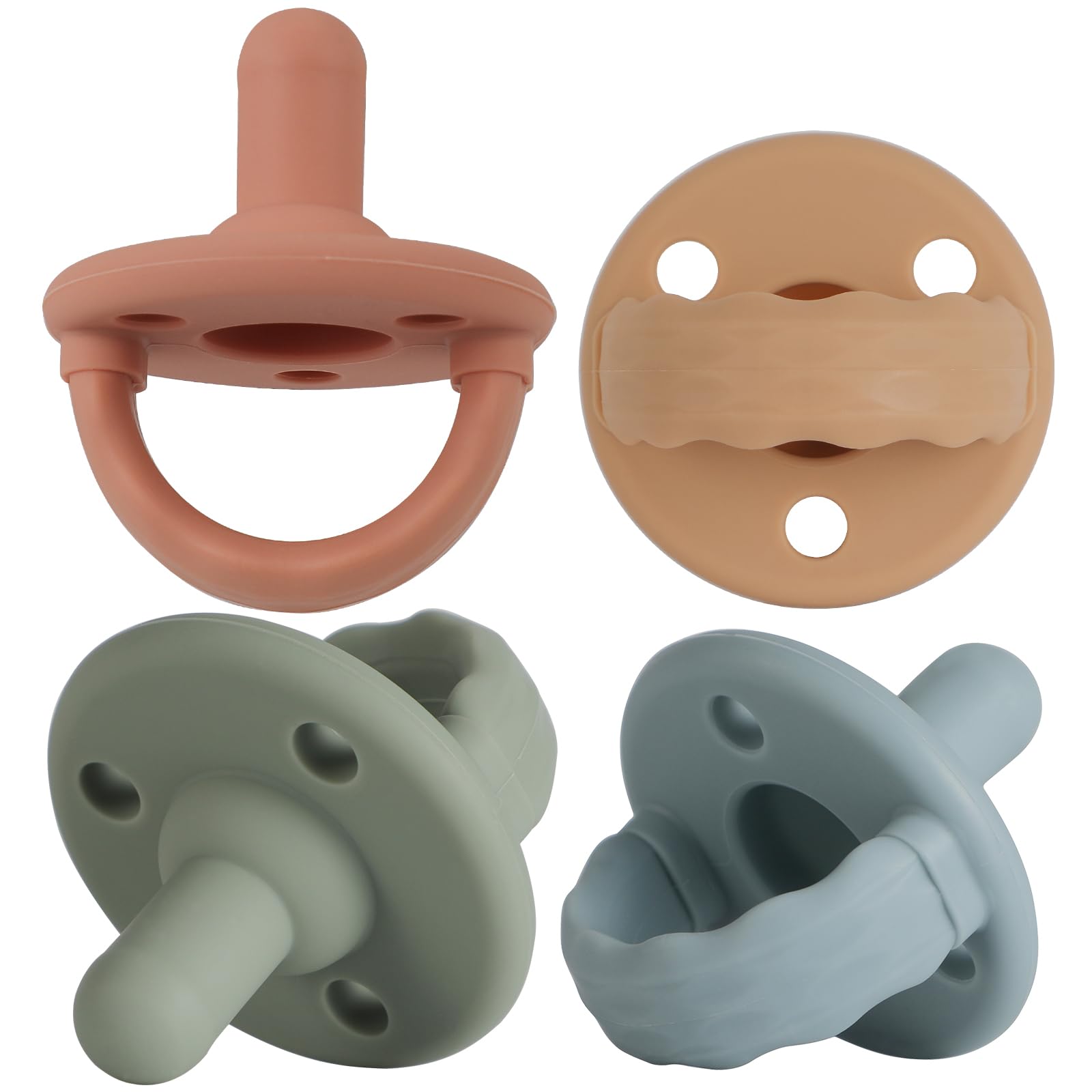 Soother 4 Pack, Cherry Shaped Nipple, Food Grade Silicone Newborn Up Dummy Pacifier with Handle & 3 Holes for Added Safety (Sage+Ether+Muted+Apricot)