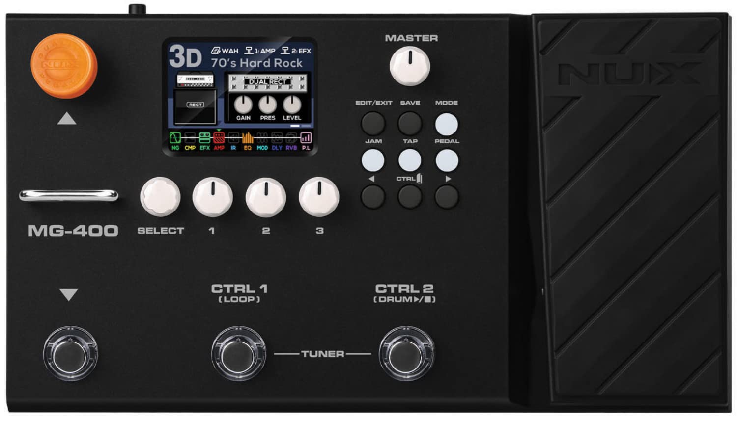 NUX MG-400 Guitar Multi-FX Pedal with dual processors and delivering high definition models and increased flexibility. Integrated effect