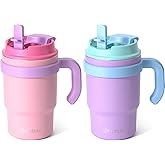 Fimibuke 16oz Kids Insulated Tumbler with Handle & Straws - 2 Pack BPA FREE 18/8 Stainless Steel Toddler Cups with Sip/Swig 2-in-1 Lids, Leak Proof Kid Drinking Cup Travel Mugs for Children Boys Girls