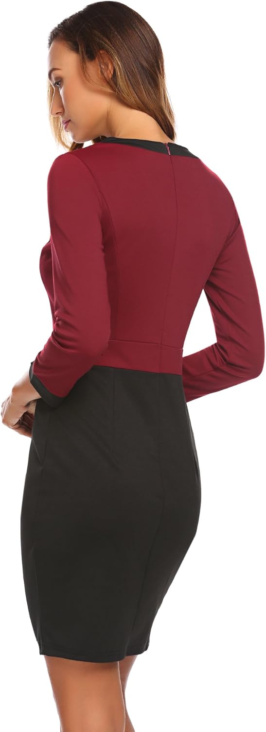 Modfine Damen Etuikleid Langarm mit V-Ausschnitt Kontrast Kleid Figurbetontes Kleid Stretch Business Kleid Abendkleid Slim Fit Kurz