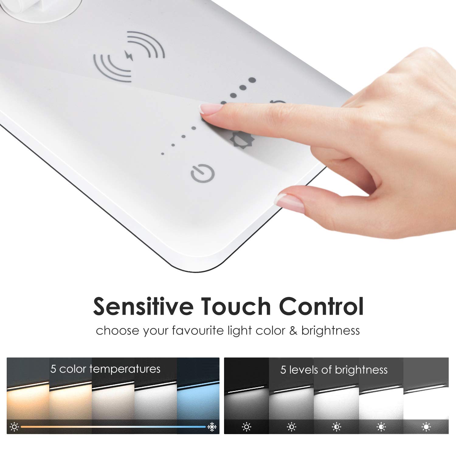 bedee LED Desk Lamp, Eye-Caring Table Lamps for Kids Study Office Bedside, Portable Desktop Lamp with Wireless Charger, Touch Control Dimmable 5 Brightness Levels, 5 Lighting Modes and Timer, Silver