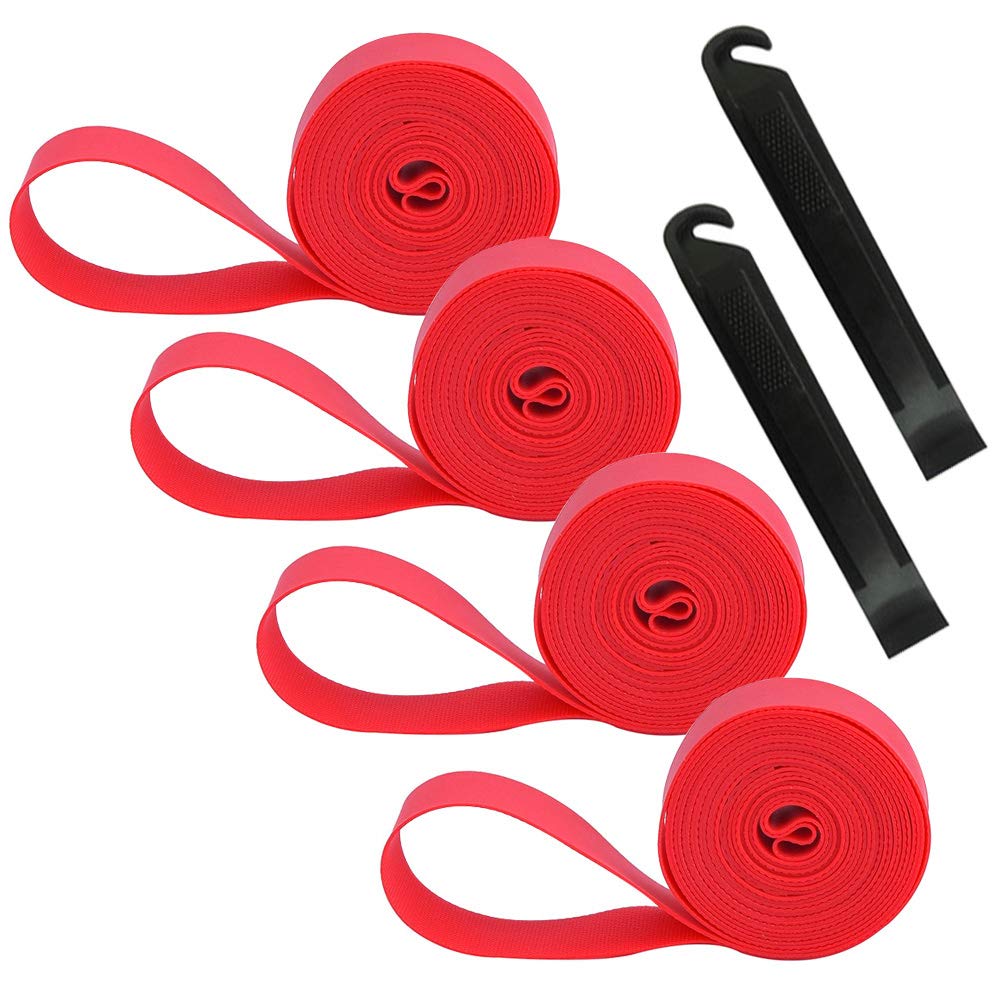 QitinDasen 4Pcs Premium PVC Bike Tire Rim Tape, 24" Bicycle Inner Tube Protection Pad, Mountain Bike Tire Liner, Anti Puncture Wheel Rim Tape, With 2 Pcs Bike Tire Lever (Red)