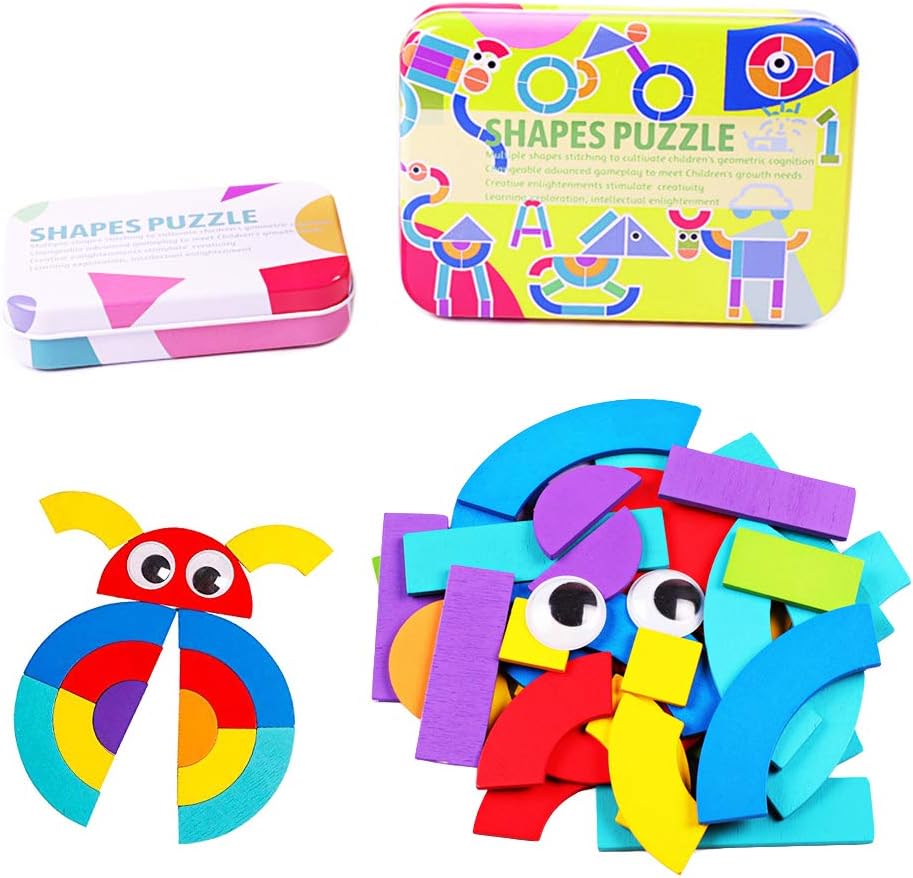 Wooden Pattern Blocks, Shape Jigsaw Puzzles Sorting and Stacking Games for Kids Early Educational Montessori Toy for Toddlers Boys Girls Age 3+ Years Old (38 Pieces&50 Double-Sided Cards)