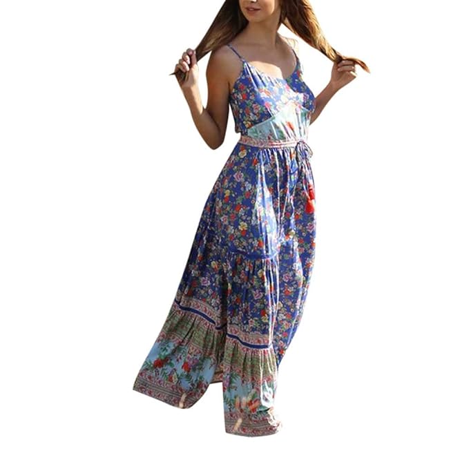 Caopixx Beach Dress2019 Women Maxi Boho Floral Dress Summer Beach Long Dresses Sleeveless Halter Dress