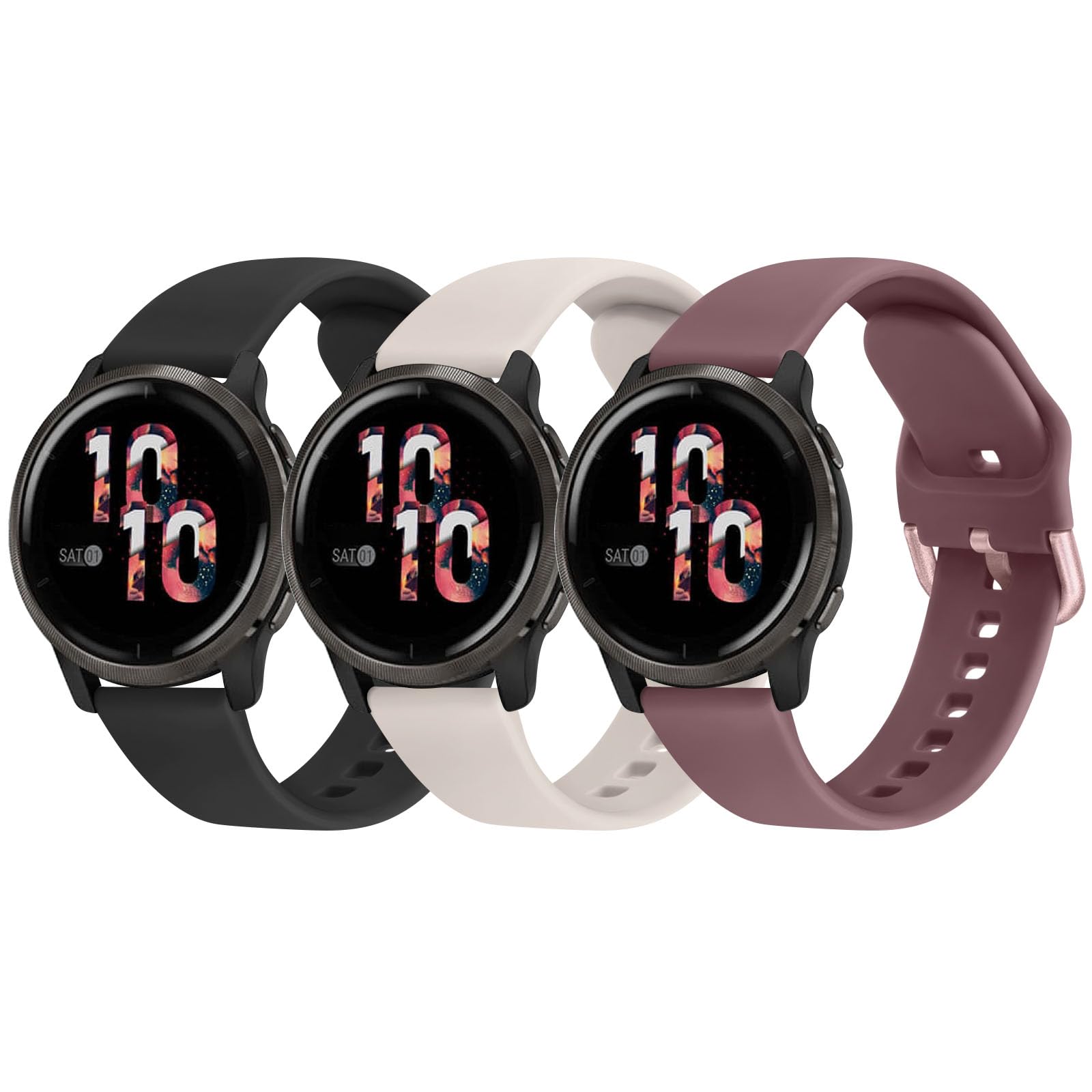 Pack 3 Straps for Garmin Vivoactive 4/Venu 2/Forerunner 255, 22mm Soft Silicone Replacement Sport Watch Band for Garmin Vivoactive 4/Venu 2/Forerunner 255 (Black/Violet Smoke/Starlight)
