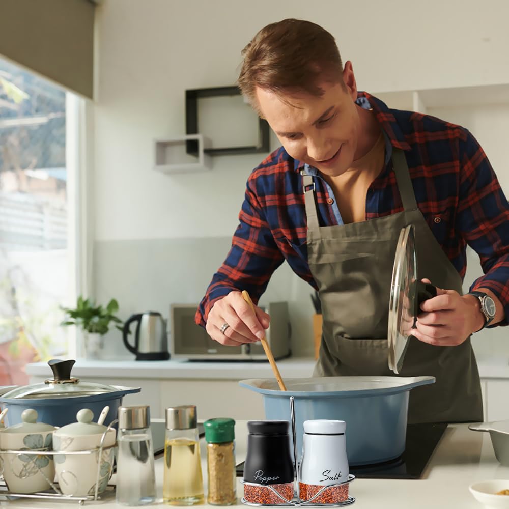 Fyfjur Salz und Pfefferstreuer Set, Salzstreuer mit Halter und Silikontrichter, Edelstahl und Glas Salz Pfefferstreuer für Gewürze 7