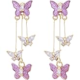 yueton Purple Butterfly Tassel Style Earrings Long Butterfly Dangle Earrings Elegant Rhinestone Drop Earrings Butterfly Jewelry for Women
