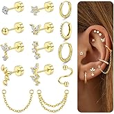 Cartilage Earrings for Women - 14K Gold Plated Flat Back Helix Conch Tragus Piercing Jewelry Single Stainless Steel Stud Earrings Hoops Stackable Set