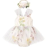 ODASDO Infant Baby Girl Tulle Romper Flower Embroidery Princess Bodysuit with Headband Birthday Party Cake Smash Outfit