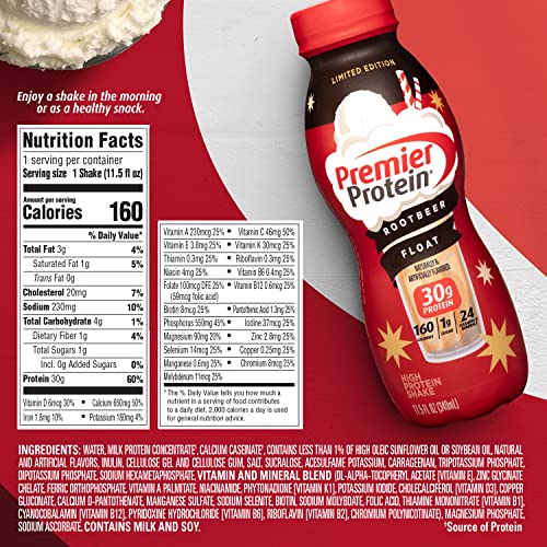 PREMIER PROTEIN SHAKE, ROOT BEER FLOAT, 30G PROTEIN, 1G SUGAR, 24 VITAMINS & MINERALS, NUTRIENTS TO SUPPORT IMMUNE HEALTH, 11.5 FL OZ