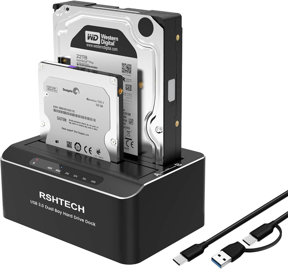 RSHTECH Dual Bay HDD Docking Station USB 3.0 Type-C/A 2.5/3.5 SATA SSD HDD Clone