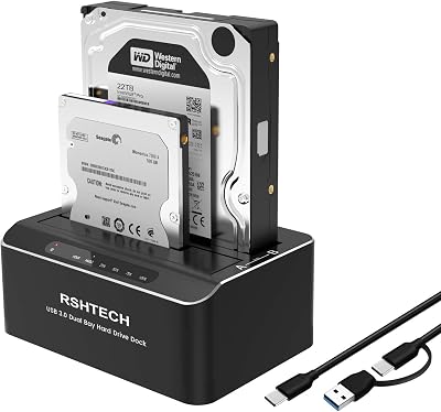 RSHTECH Dual Bay HDD Docking Station USB 3.0 Type-C/A 2.5/3.5 SATA SSD HDD Clone