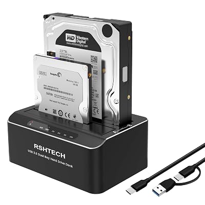 RSHTECH Hard Drive Docking Station Aluminum USB-C/USB 3.0 to SATA Dual Bay Hard Drive Dock for 2.5 or 3.5 inch HDD SSD, with 2-in-1 USB Cable, Support Offline Clone, UASP and 2x22TB, RSH-DS01C
