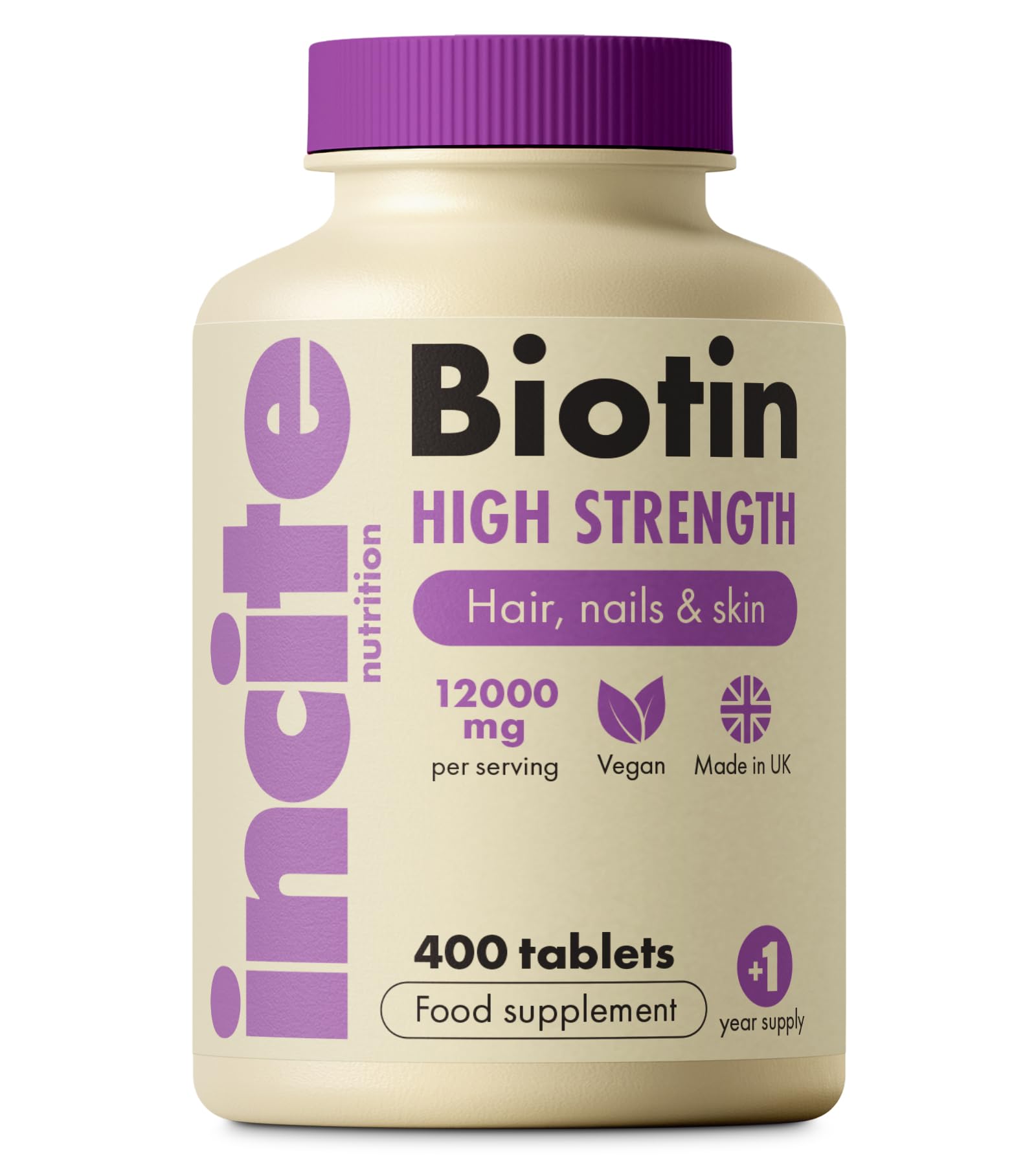 Incite Nutrition Biotin Hair Growth Support Supplement 12,000mcg - 400 Tiny 6mm Tablets (Full Year Plus Supply) - for Men & Women