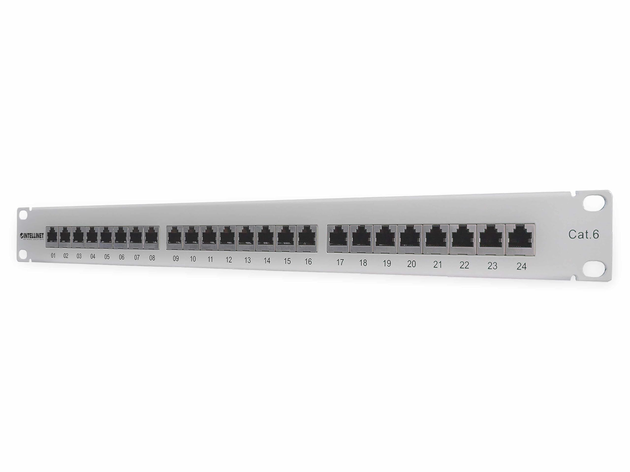 Intellinet Patch Panel, Cat6, FTP, 24-Port, 1U, Shielded, 90° Top-Entry Punch-Down Blocks, Grey — image 1