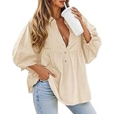 Tankaneo Womens Puff Sleeve Babydoll Tops V Neck Button Down Blouse Cute Casual Loose Fit Flowy Shirts