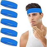 Blue Sport Headbands for Women Men,5PCS Non Slip Workout Headbands Moisture Wicking,Stretchy Athletic Headband breathalbe Sports Hairbands for Fitness Exercise Gym