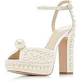 Goolita Womens Open Toe Pearl Platform Heels For Women Chunky Buckle Ankle Strap Wedding Heeled Sandals Dress Evening Bride Bridal Shoes