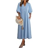 Dokotoo Summer Dresses for Women 2026 Casual Dresses V Neck Puff Sleeve Empire Waist A-Line Maxi Dress