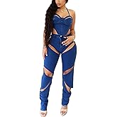 YOUFE Denim 2 Piece Outfit for Women Sleeveless Cropped Tank Top Bodycon Pants Set Sexy Jean Hollow Out Party Club Tracksuit