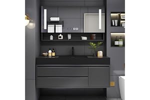 Floating Bathroom Vanity with Sink, Bathroom Vanity, Smart Demisting Mirror Cabinet & LED Lighting, with Ample Storage Space,