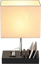 Briever USB Bedside Table Lamp with 3 USB Ports Black Wood Base
