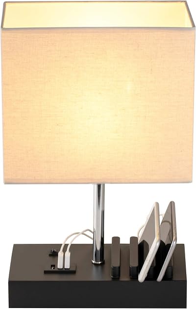 Briever USB Bedside Table Lamp with 3 USB Ports Black Wood Base