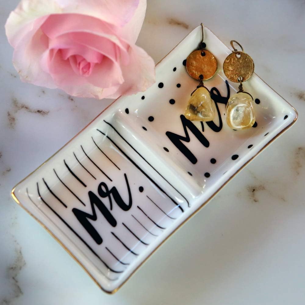 Kate Aspen Mr and Mrs Ring Dish, Wedding Gift, White and Black: Kitchen & Dining