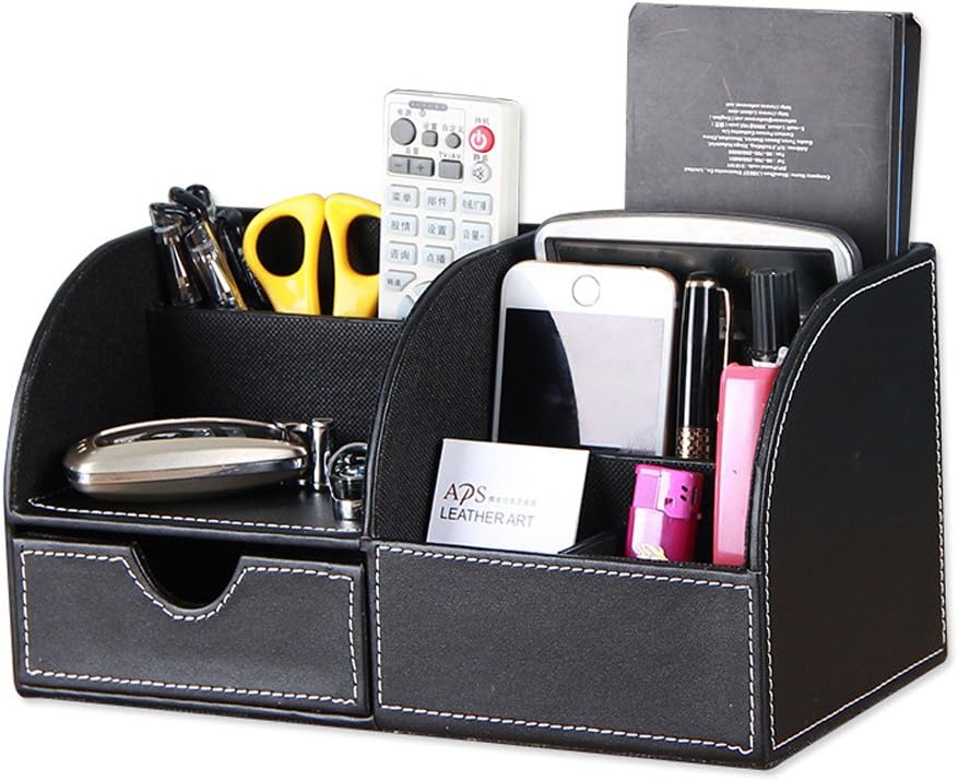 Creative Leather Desk Accessories Drawer Organizer, desktop storage box pencil remote control holder with business card stand for home office decor (black)
