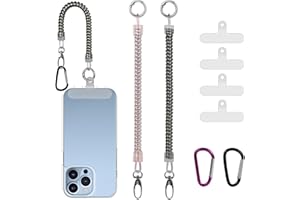 JingRoom 2 Pack Phone Tether Lanyard,Anti Theft Spiral Mobile Strap(Glossy Black Pink+4 Patches+ 2 Carabiners)