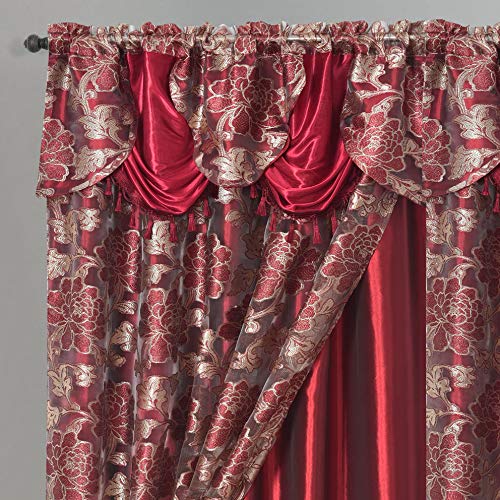 GOHD - Royal ROSARIUM. Clipped Voile. Voile Jacquard Window Curtain with Attached Fancy Valance and Taffeta Backing. 2pcs Set. Each pc 58 inch Wide x 84 inch Drop + 18 inch Valance. (Wine) โ image 1