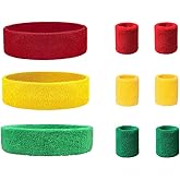 SUSU BLOCK 9 Pieces Sweatbands Set, Includes 3 Pieces Sports Headband and 6 Pieces Wristbands, Polyester Blend, Colorful Cotton, for Men and Women, Athletic Bands for Basketball, Tennis, Working Out