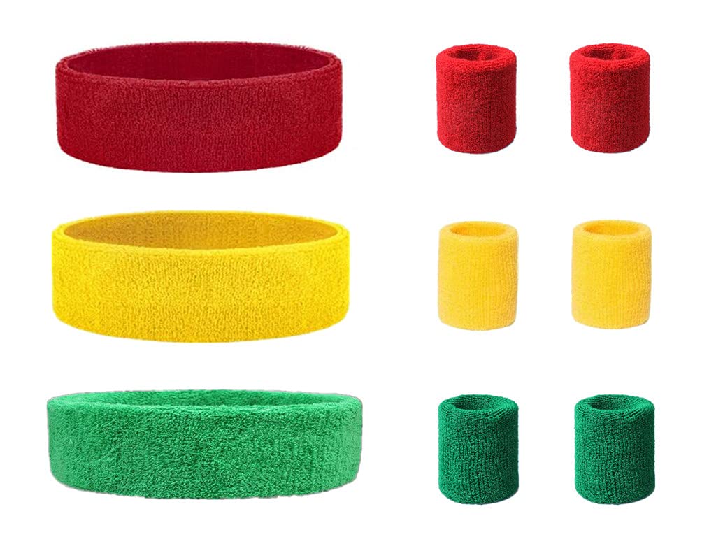 SUSU BLOCK 9 Pieces Sweatbands Set, Includes 3 Pieces Sports Headband and 6 Pieces Cotton Wristbands (Red+Yellow+Green) for Men and Women Athletic Bands for Basketball, Tennis, Working Out