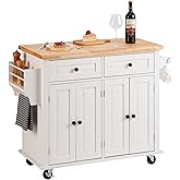 VEVOR Kitchen Island Cart with Solid Wood Top, 35.4" Width Mobile Carts with Storage Cabinet, Rolling Kitchen Table with Spic