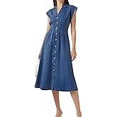 EZAPINE Women's Summer Denim Shirt Dress Lapel V Neck Cap Sleeve Jean Dress Button Down A-Line Long Dresses