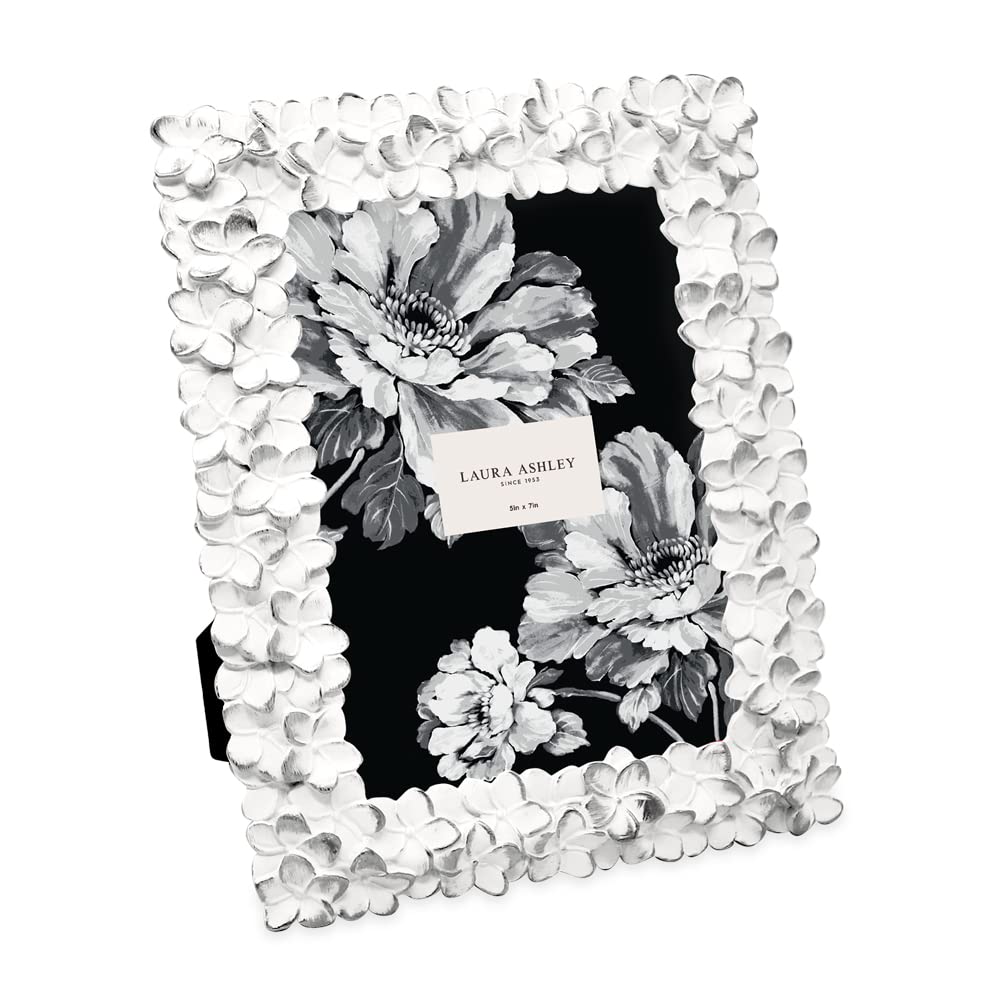 Laura Ashley 5x7 White & Silver Flower Textured Hand-Crafted Resin Picture Frame w/Easel & Hook for Tabletop & Wall Display, Decorative Floral Design Home Décor, Photo Gallery, Art (5x7, White/Silver) — image 1
