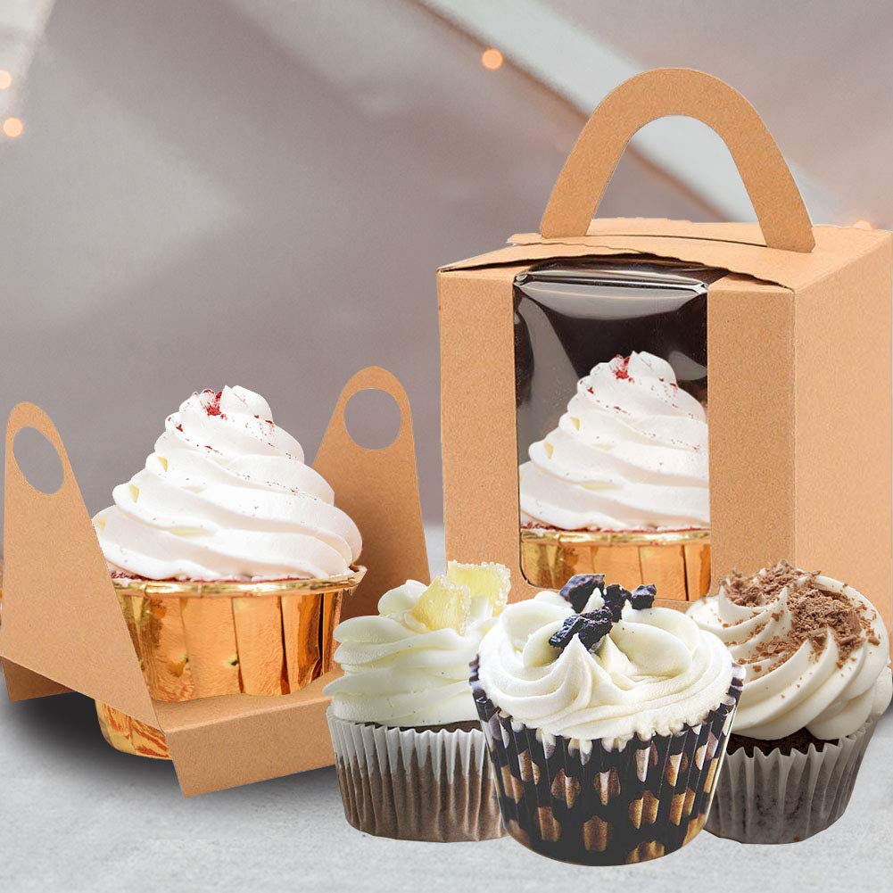 Kraft Cupcake Boxes,50pcs Single Cupcake Carrier with Window Insert and Handle Kraft Pastry Containers Muffins Cupcake Carriers for Bakery Wrapping Party Favor Packing