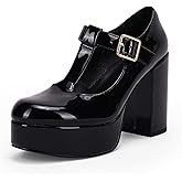 Coutgo Womens' T-Strap Round Toe Chunky Platform Heels Patent Mary Jane Dress Shoes
