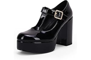Coutgo Womens' T-Strap Round Toe Chunky Platform Heels Patent Mary Jane Dress Shoes
