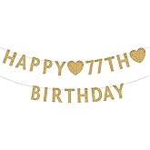 Gold Happy 77th Birthday Banner, Glitter 77 Years Old Woman or Man Party Decorations, Supplies