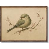 Vintage Spring Bird Oil Painting, Farmhouse Wall Decor Watercolor Cherry Blossom Canvas Prints, Antique Nature Line Drawing Wall Art Picture For Living Room Bathroom Gallery - 8x10inch Unframed