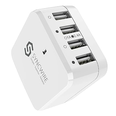 Syncwire 34W 4-Port USB Wall Charger, Multi-Port [Foldable US Plug] Travel Power Adapter with Interchangeable UK/EU Plug for Apple iPhone, iPad, Samsung, Android Phones, Tablets &amp; More - White