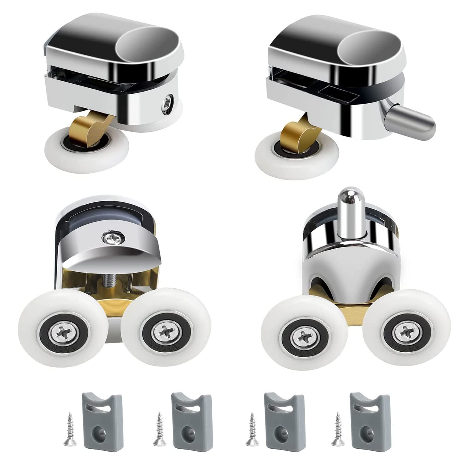 Qikuver Shower Door Rollers, 25mm Diameter, 4 Pack (2 Upper, 2 Bottom) Nylon Wheels with Copper Core Shaft, Suitable for 4-6mm Glass Thickness